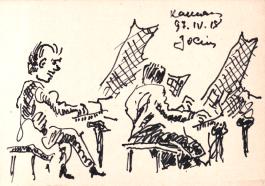 Ink drawing of two pianists at two grand pianos